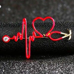 Red Medical Heart Enamel Brooch Rhinestone Pin Nurse Dr Stethoscope Stylish Gold